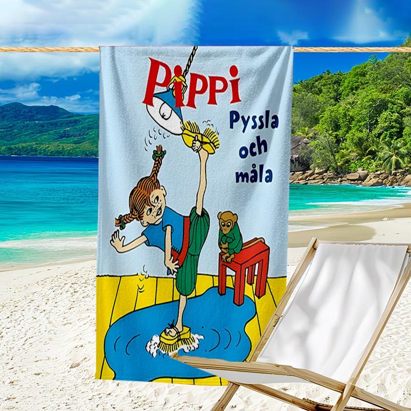 1pc Pippi Longstocking2 Beach Towel, Beach and Seaside Swimming Pool Equipment, Fashion Pattern, Rectangular, Travel Essentials