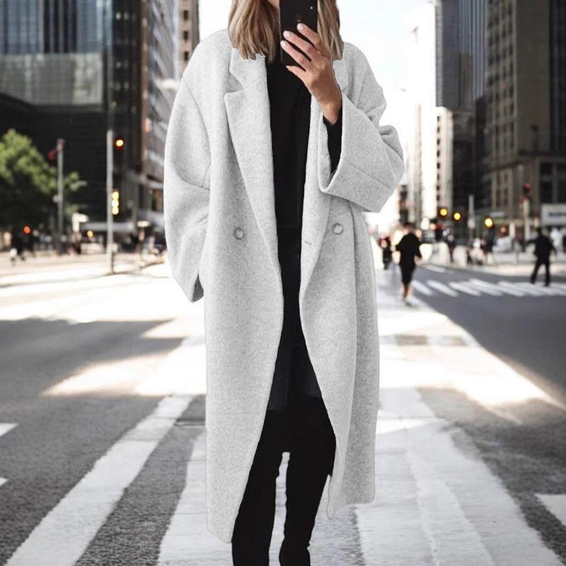 

Printed Woolen Coat New European and American Women clothes Leisure Long sleeve Lapel Outerwear Print Woolen Coat Rice White L