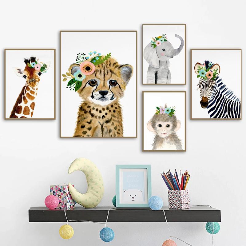 Cartoon Animal Cute Wearing Flower Elephant Zebra Baby Posters And Prints Wall Art Canvas Painting Wall Pictures Kids Room Décor No Frame
