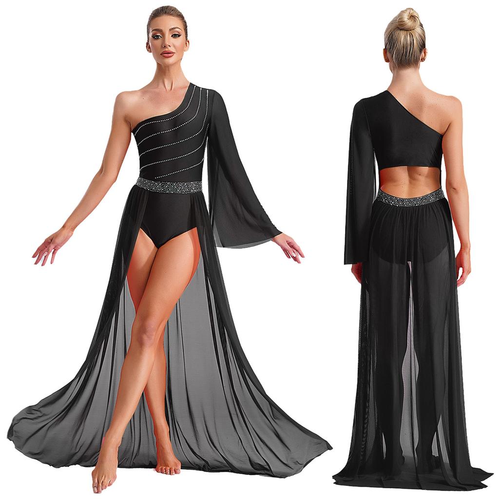 Ladies Lyrical Dance Wear One Shoulder Sheer Mesh Flared Sleeve Shiny Rhinestones Costume