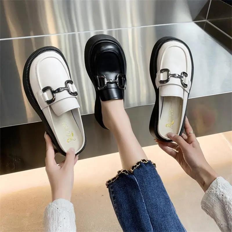 thick-soled bag head half slippers women's summer wear 2025 new small leather shoes one pedal retro British loafers