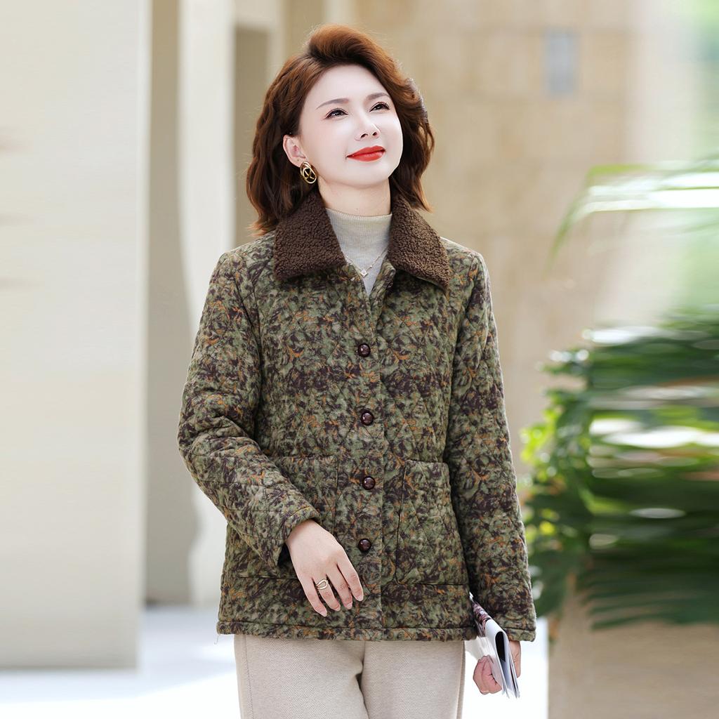 Women's floral winter warm cotton-padded jacket, new winter velvet thickened old cotton-padded jacket