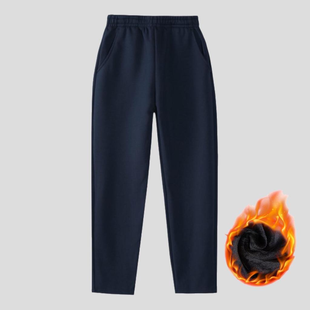 Kids' Navy Blue Sports Pants with Plush Lining, Autumn-Winter School Uniform, Loose Fit, Straight Leg for Boys and Girls
