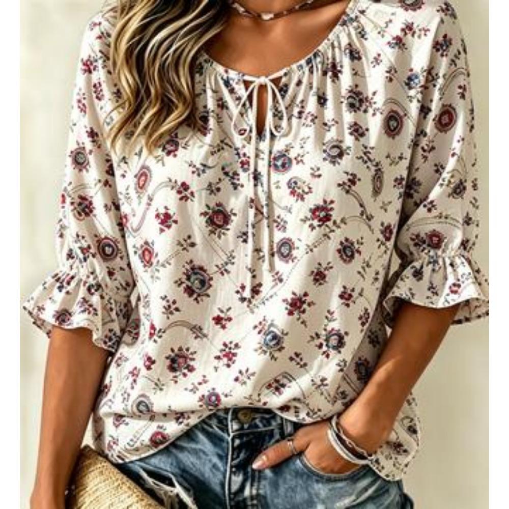 Women s Exotic Red Blue Medallion Print Blouse Lace Up Ruffled 3/4 Sleeve Roomy Casual Resort Vacation Top S