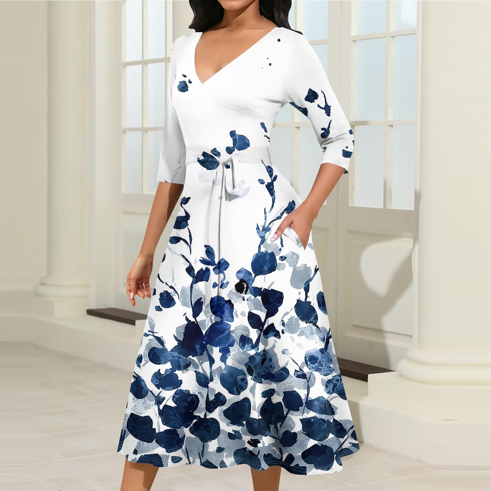 

Женское повседневное модное платье миди с V-образным вырезом и рукавом три четверти XXXL темно-синий