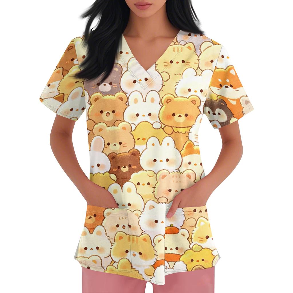 Damen V-Ausschnitt Kurzarm Arbeitshemd mit Taschen Tierprint Oberteil Medizinische Uniform Scrub T-Shirt für medizinisches Fachpersonal