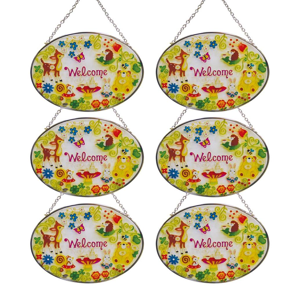 Fourcart Cute Handmade Glass Stained Frames, Forest Animals, Welcome, Oval, Set of 6