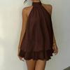 Mini Abito da Donna Scollo all'Americana Senza Maniche Slim Monocolore Dolce Vacanza Stratificato Chiffon Festa Abito da Sole