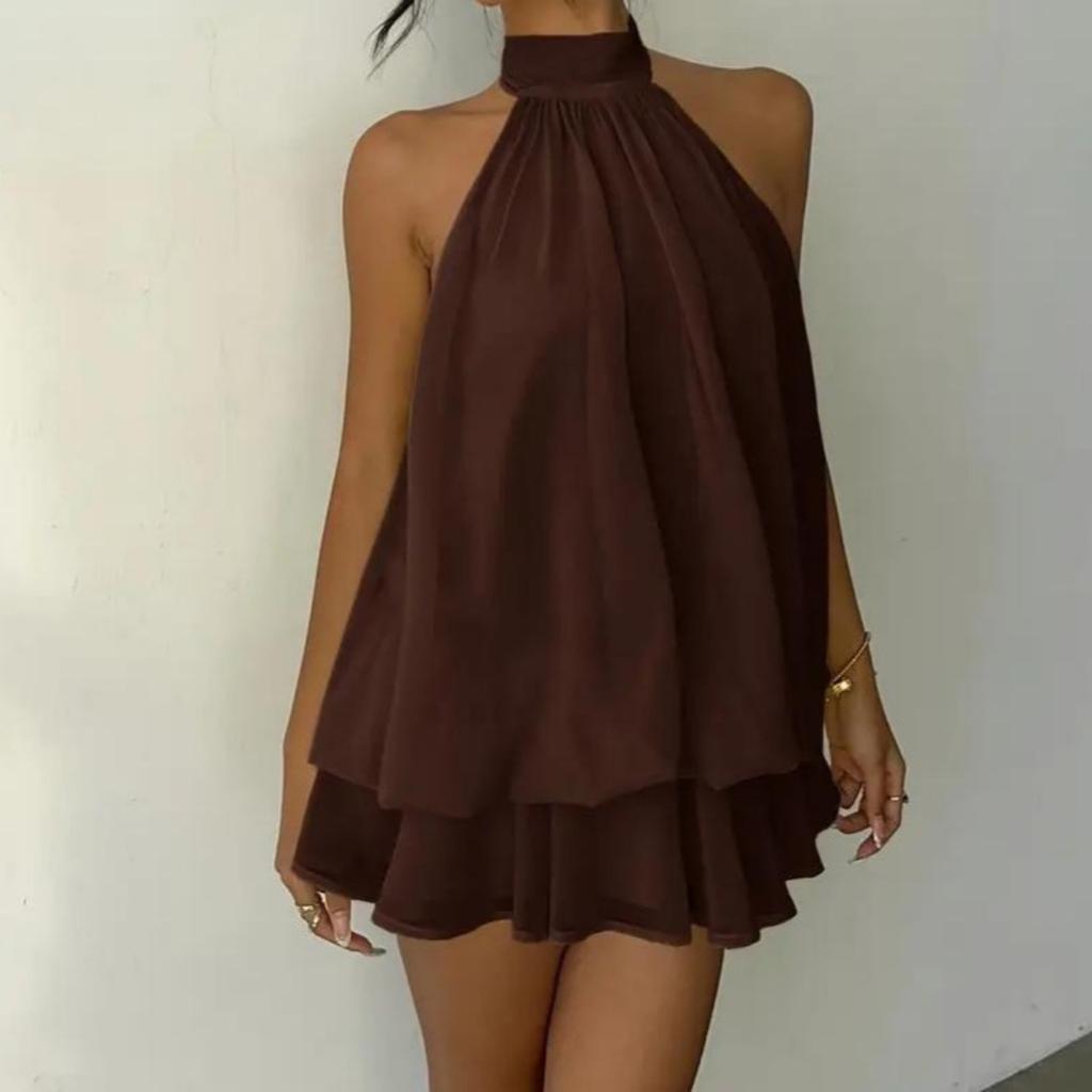 Mini Abito da Donna Scollo all'Americana Senza Maniche Slim Monocolore Dolce Vacanza Stratificato Chiffon Festa Abito da Sole