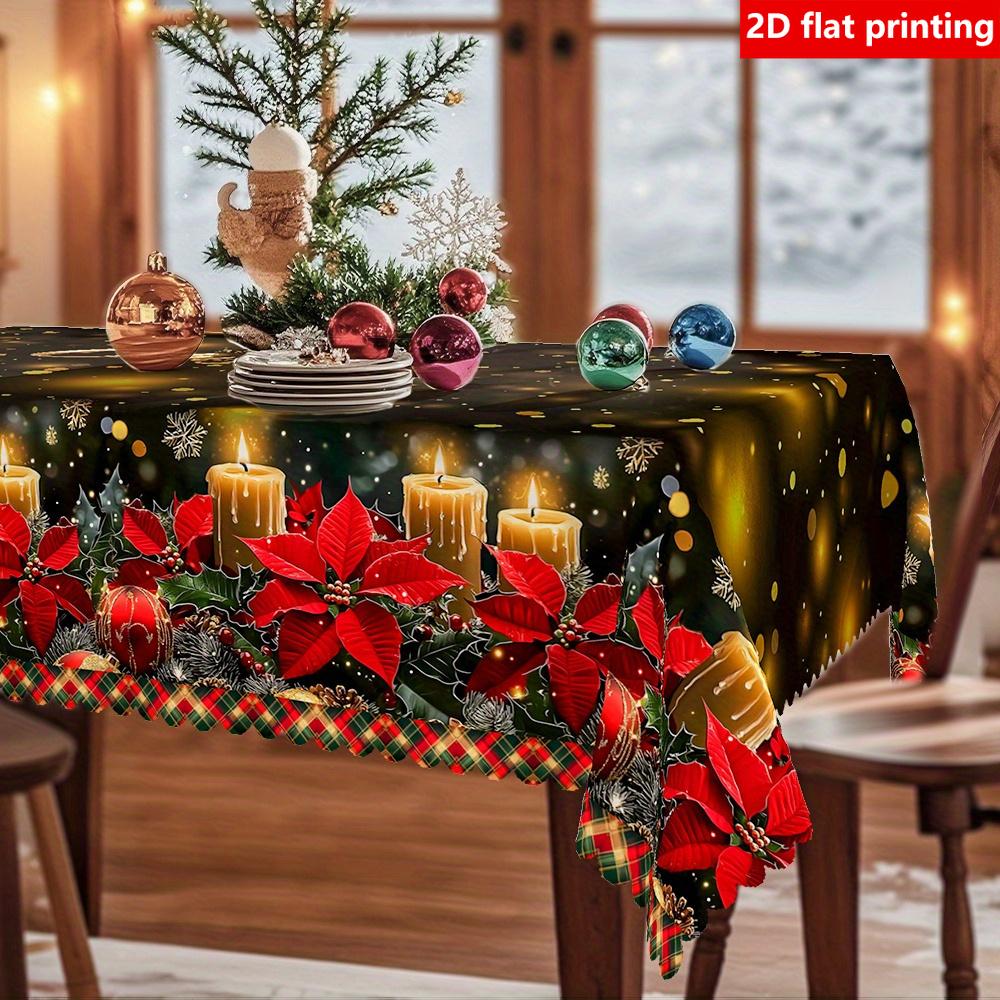 2D Flat Printing, 1pc, Christmas Theme Printed Tablecloth, Polyester Material, Featuring Elements Like Red Lipstick, Holly Branches, Candles, Snowflak