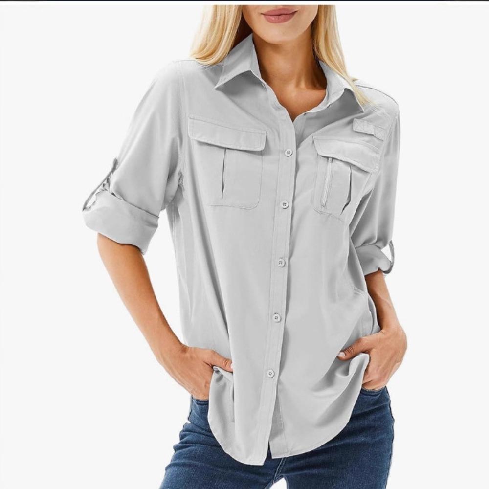 Women's Collared Long‑Sleeve Quick‑Dry Breathable Utility Shirt With Dual Chest Pockets For Outdoor Wear