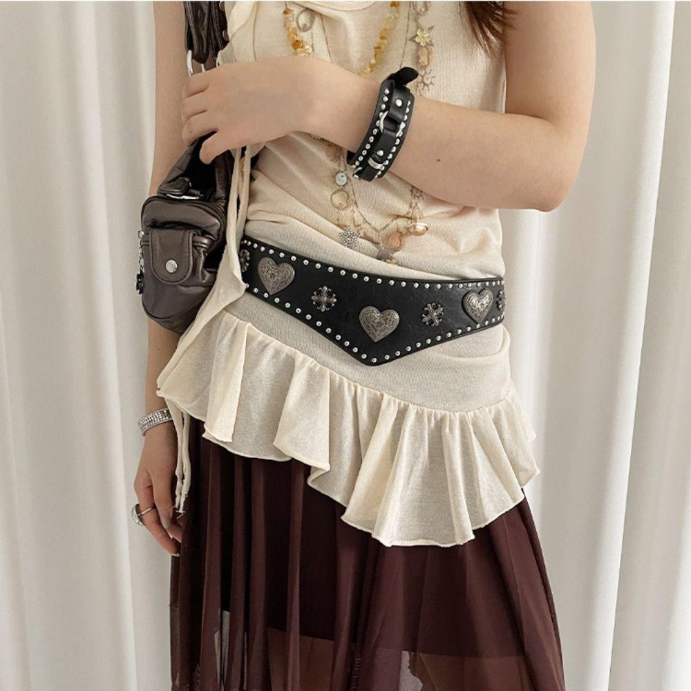 

Heart Metal Rivet Belt Metal Waist Corset Fashion Wide Elastic Cummerbunds Girl чорний