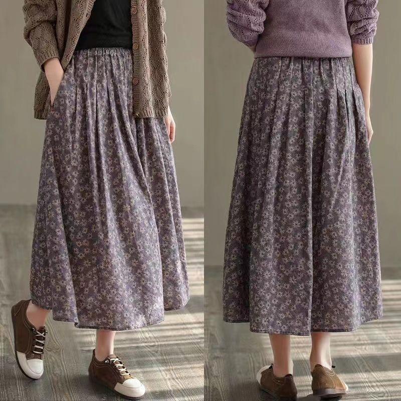 Summer Floral Retro Midi Skirt: Women's High-Waisted, Slimming, Versatile, Plus Size with Wide Hem