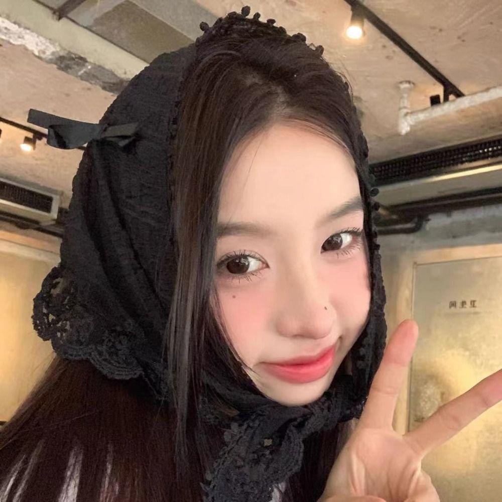 

Квітка з бантом, мереживна пов язка на голову, богемна гачком, бандана, елегантний трикутний тюрбан для подорожей чорний