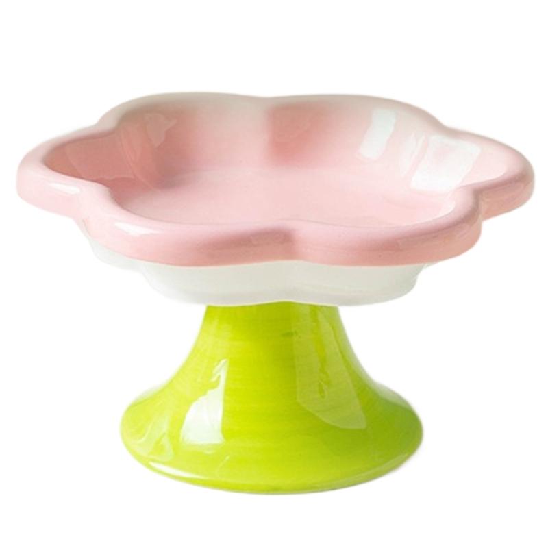 Ceramic Pet Bowl Flower Shape Cats Food Dish Nonslip Elevated Stand Feeding Plate for Neck Protections and Easy Cleaning