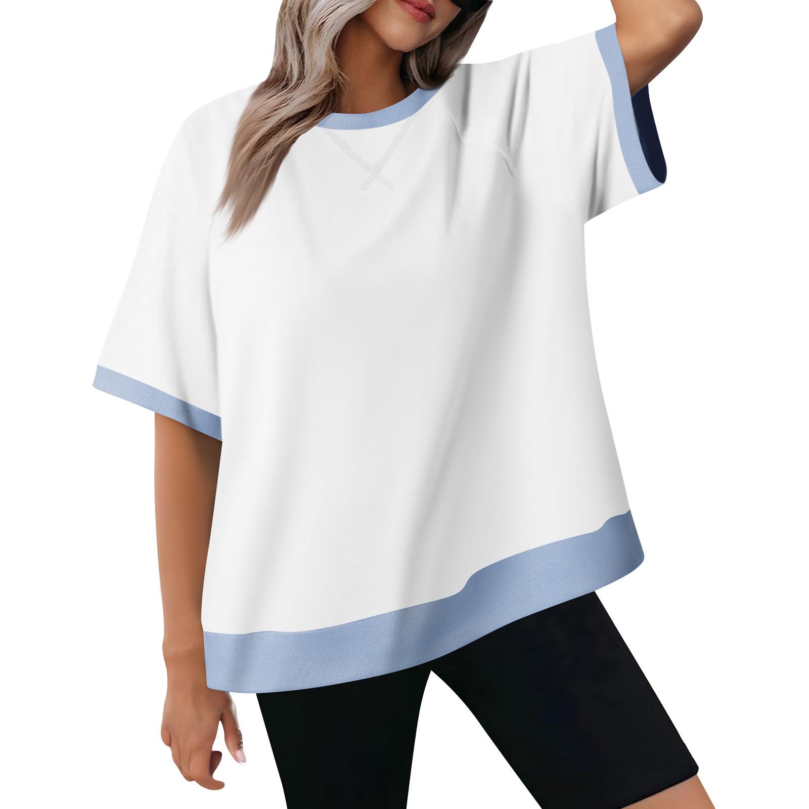 

Женская футболка оверсайз с цветными блоками, круглый вырез, короткий рукав, повседневный летний топ, легкая свободная рубашка XL белый