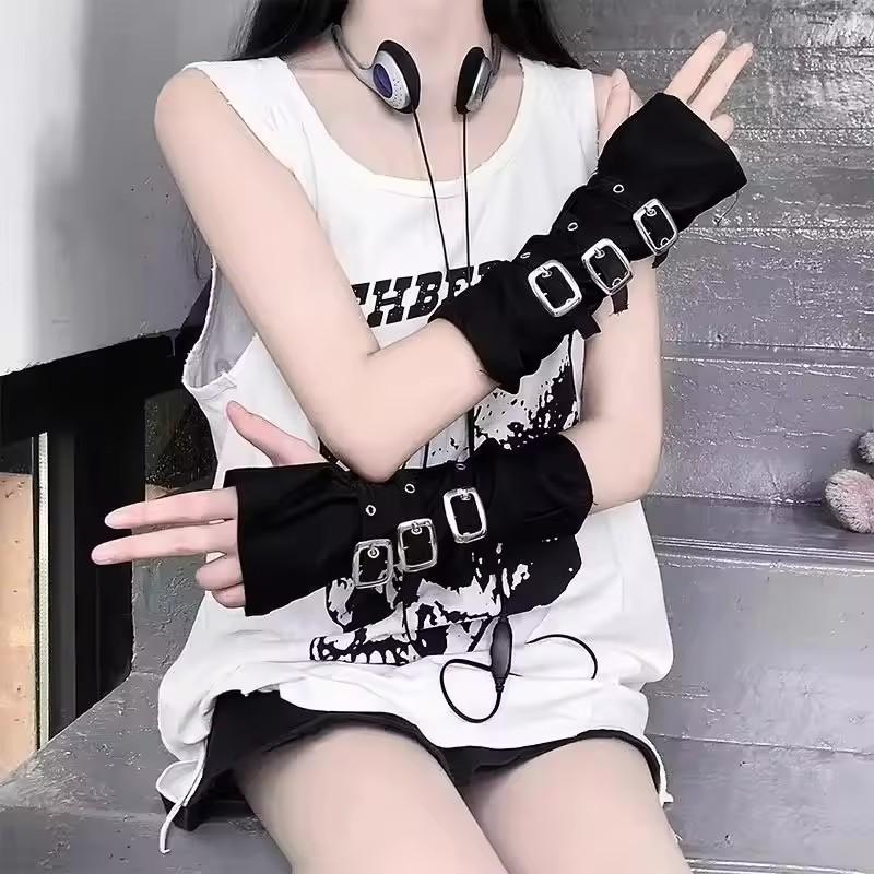 Hip-hop Style Metallic Long Half Finger Gloves for Female Role-playing Stage Performances Elastic Adjustable Personalized Gloves