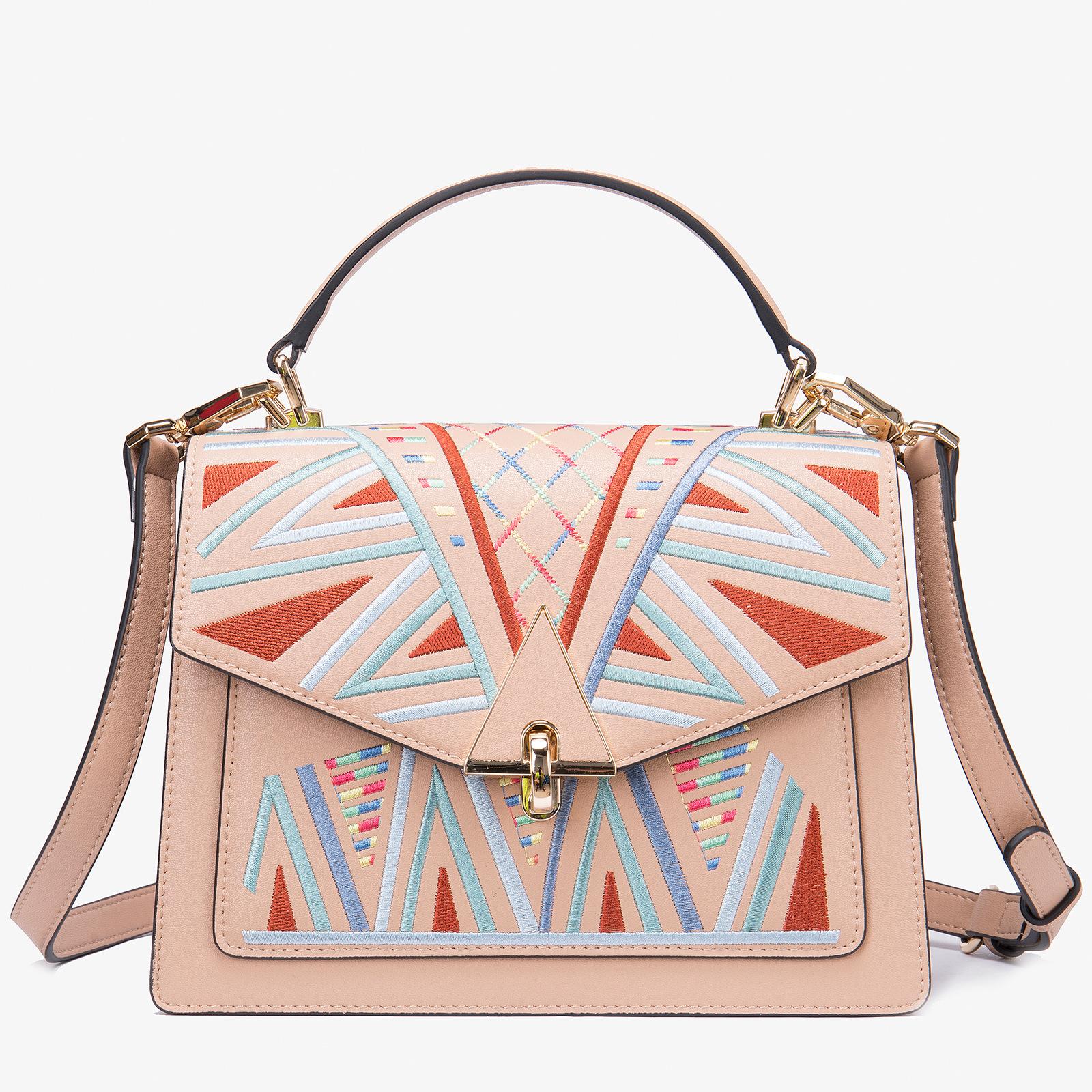 

Женская кожаная сумка с вышивкой в этническом стиле, одно плечо, косая сумка с крестообразным ремешком, маленькая квадратная сумка из коровьей кожи