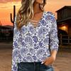 Women Plus Size V Neck Long Sleeve Top Paisley Print Lace Up Casual Blouse