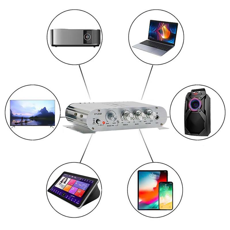 ST-838 HiFi 2.1 Channel Power Amplifier Bass and Treble Adjustment 80W*2 Stereo Bass Sound Amp Mini Media Player