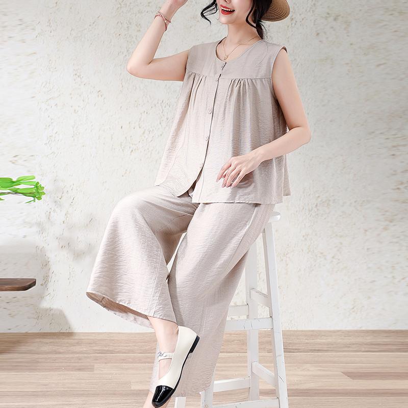 Women's Plus Size 2-Piece Set, Linen-cotton Sleeveless Button Top & Wide Leg Pants (XL-7XL)