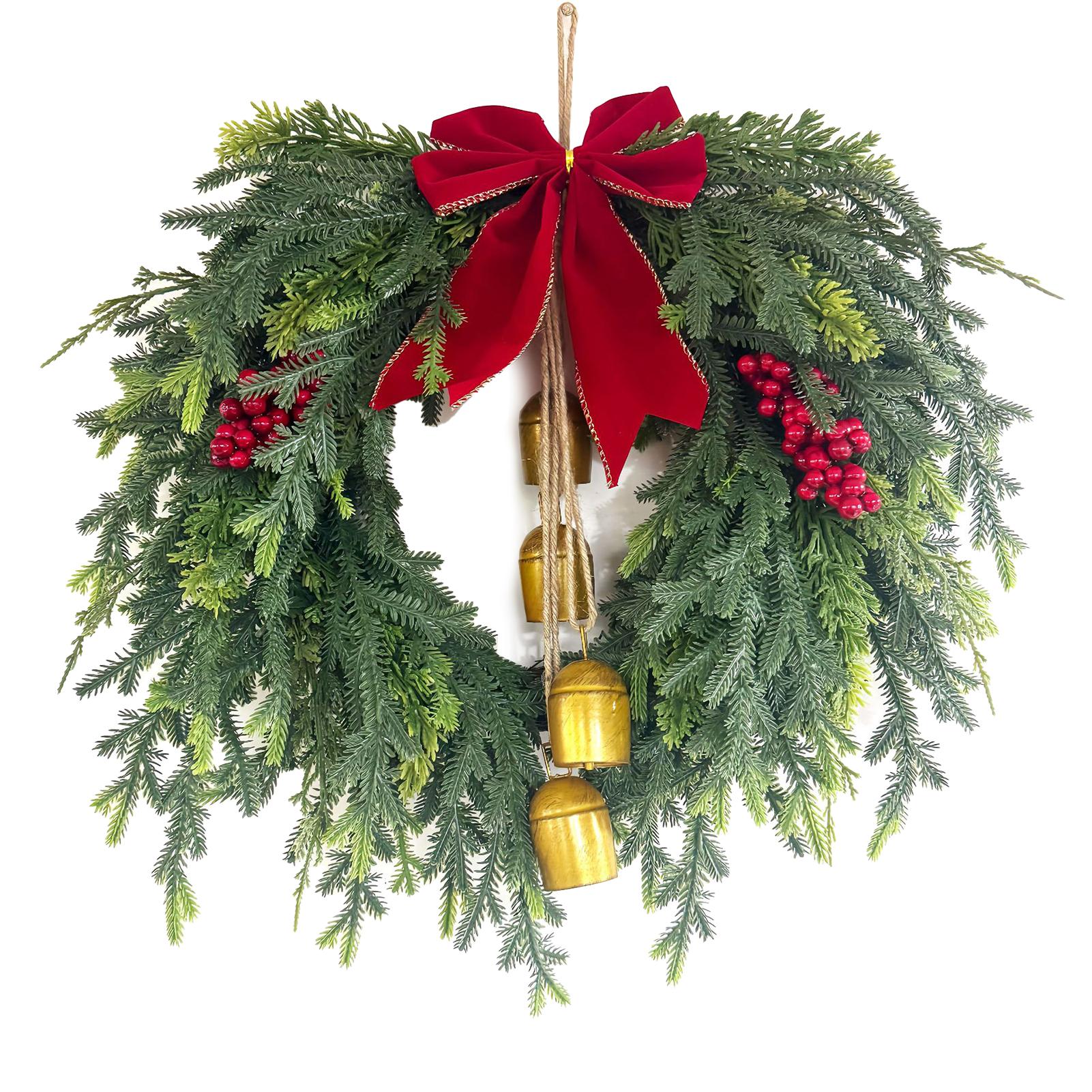 

1PC Christmas Pinecone Wreath with Bell Door Hanging Heart Shaped Vine Wreath with Linen Bow for Home Christmas Decoration 50CM