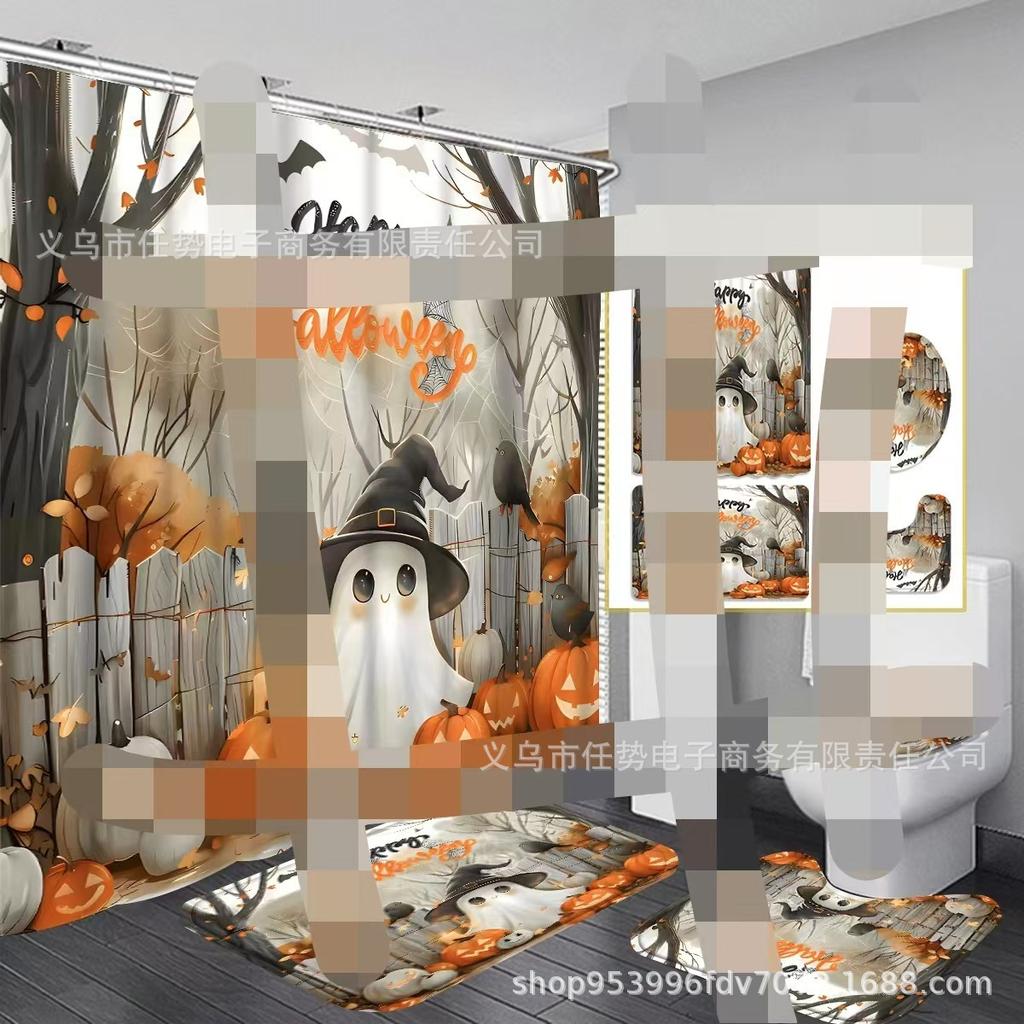 Halloween-Themed Skull Monster 4-Piece Shower Curtain Set Non-Slip Carpet Toilet Cover Bath Mat Curtain