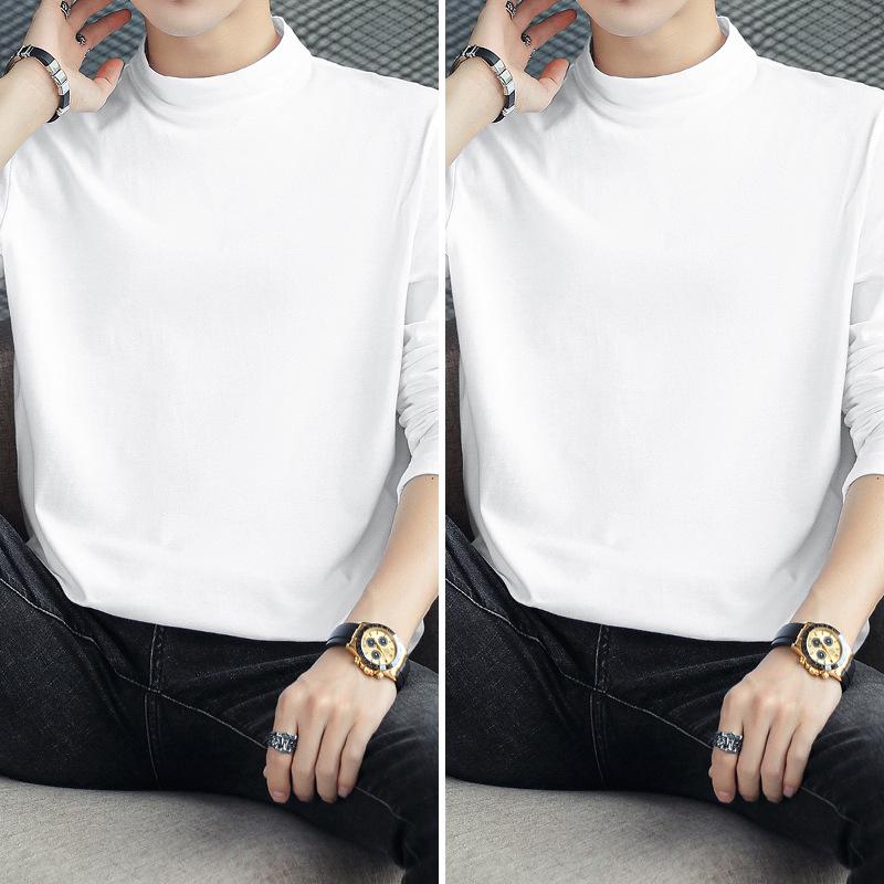 Men's Long Sleeve Cotton T-Shirt, Semi-High Neck, Solid Color Base Layer for Autumn/Winter