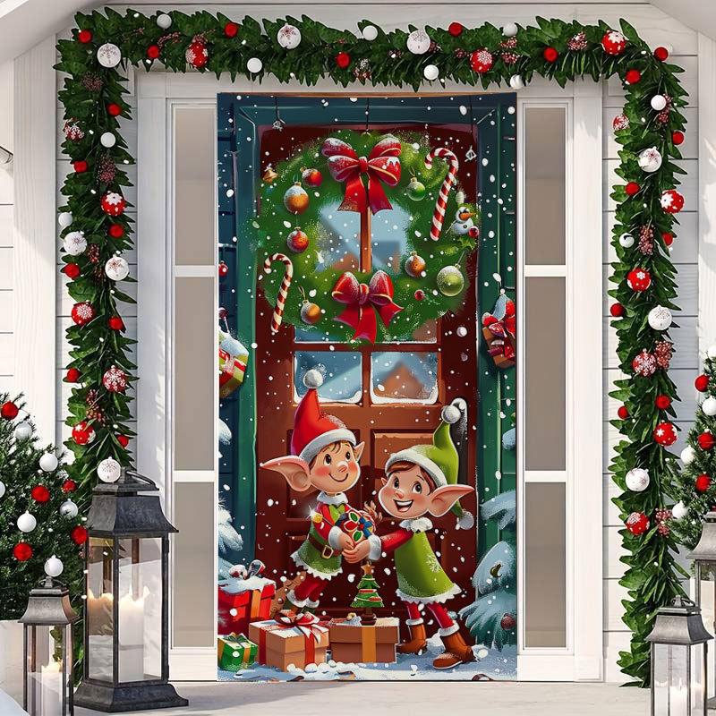 

1 шт. Баннер-накидка на дверь «Счастливого Рождества» из полиэстера с рисунком снеговика и елки для рождественского сочельника, новогодней праздничной вечеринки, декора для входной двери, дома, стены 90*180cm