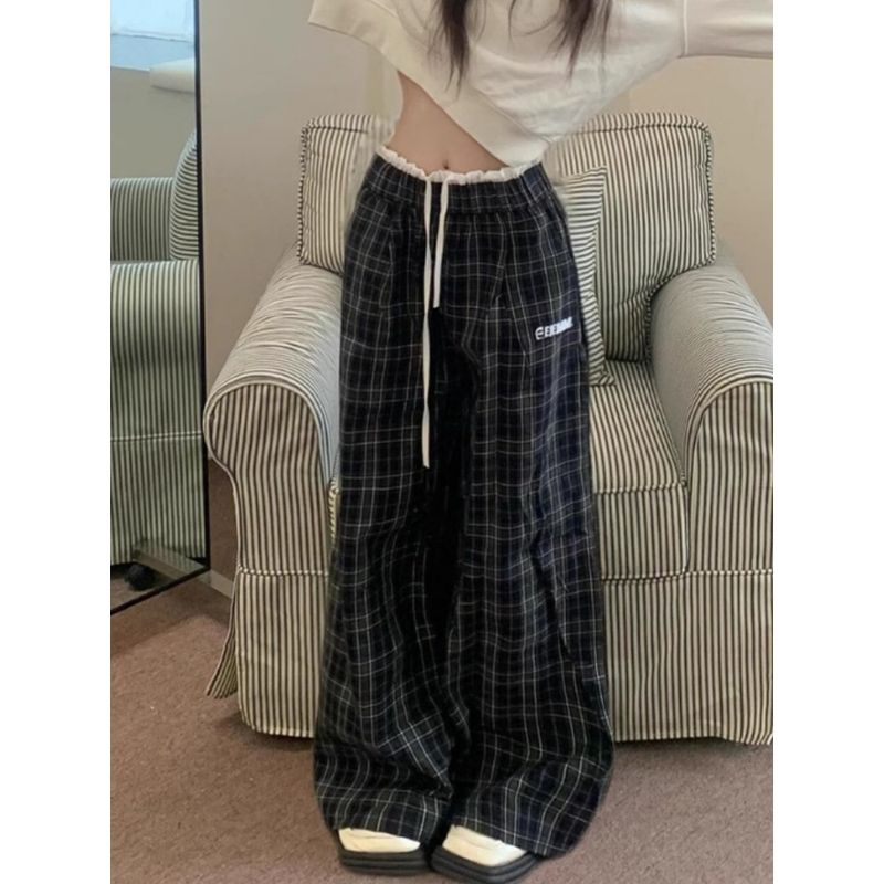 

American Lattice Loose Pants Women s Summer Pants Loose BF Idle Style High Waist Slimming and Straight Walking Casual Pants Plaid patchwork pants 2XL