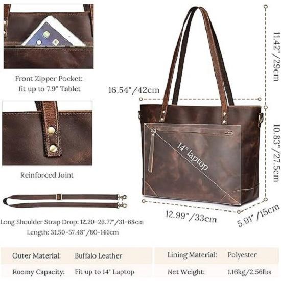 Genuine Leather Tote Bag for Women Work Shoulder Crossbody Purses Handbag with Outside Pockets