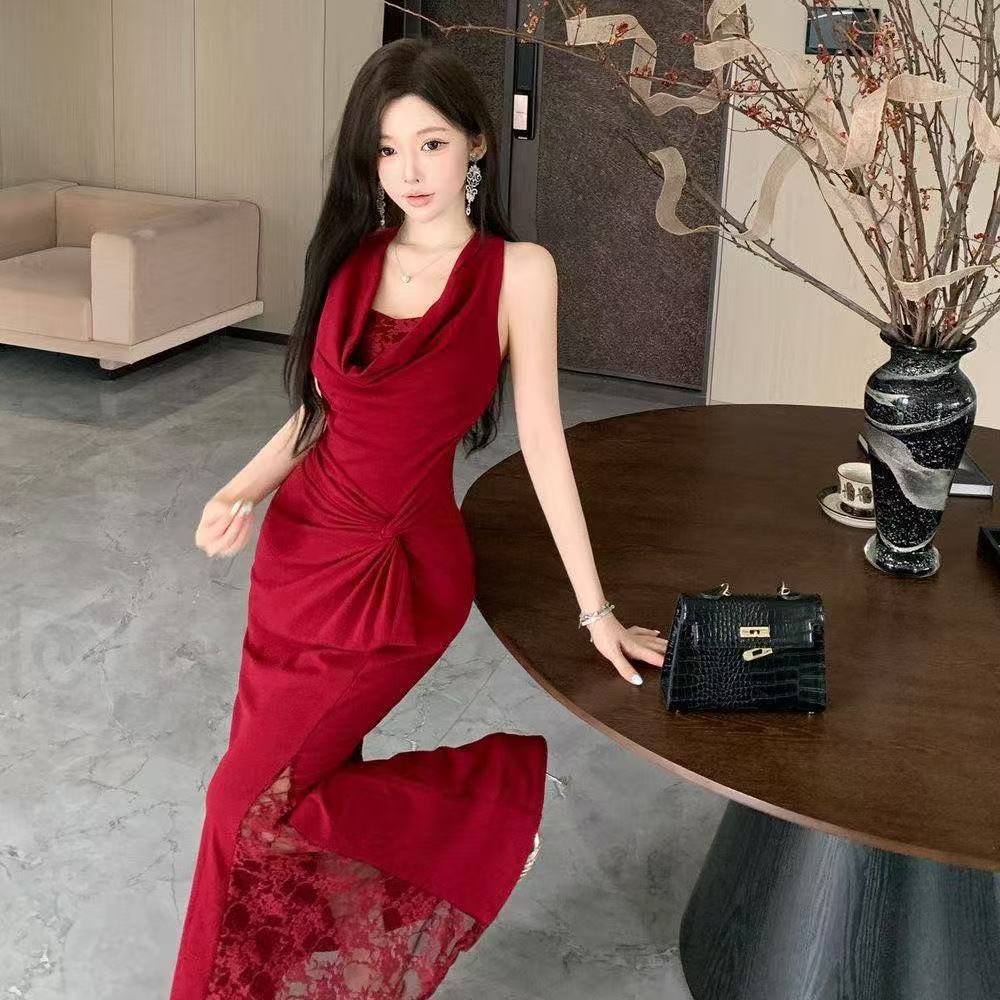 French Red Neck Halter Dress Women's Summer New Hip Wrap Slim Holiday Dress Dress Slim Dress Long Dress