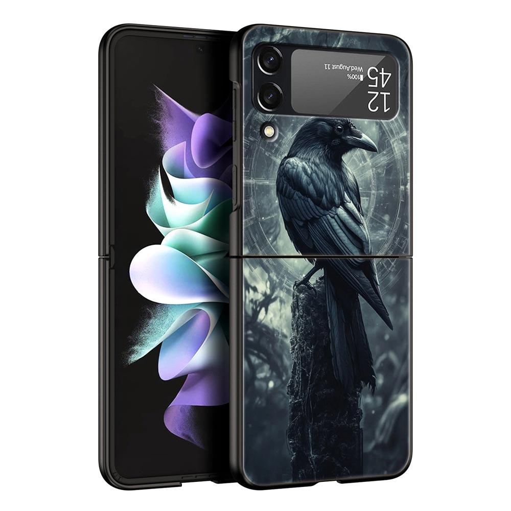 Black Raven Hard PC Phone Case For Samsung Galaxy Z Flip 7 6 5 4 Black Cover For Galaxy Z Flip 3 Foldable Shell Fundas Capas Bag