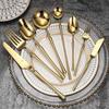 Gold 304 Stainless Steel Tableware Set: Steak Knife, Fork, Spoon, Soup Spoon, Fruit Fork, Teaspoon, Chopsticks