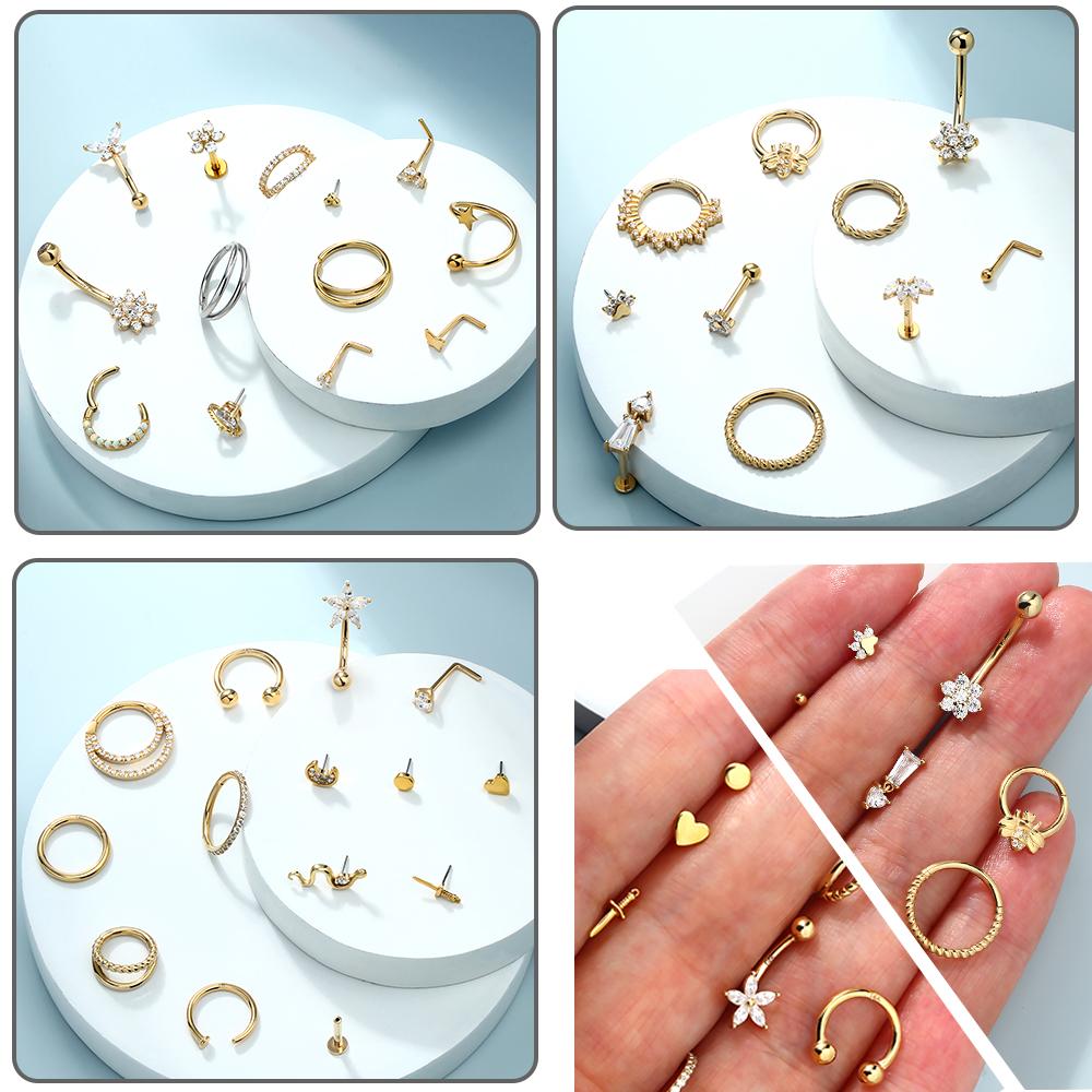 Fashion Jewelry 14K Gold Piercings Labret Big Hoop Nose Stud Rings CZ Cubic Zircon Navel Belly Ring Earing Diamond Ear Stud