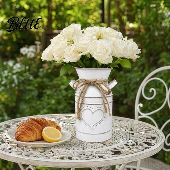 Farmhouse Style Flower Vase Vintage Iron Can Bucket Double-Handle Metal with Jute Bow