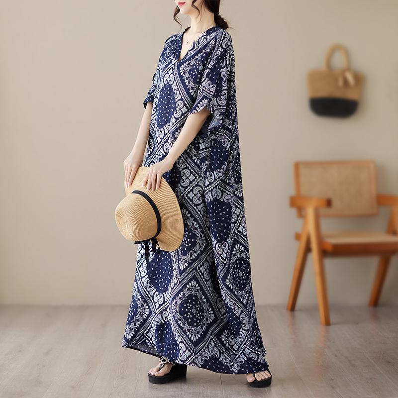 Summer V-Neck Cotton & Linen Loose Fit Literary Beach Dress
