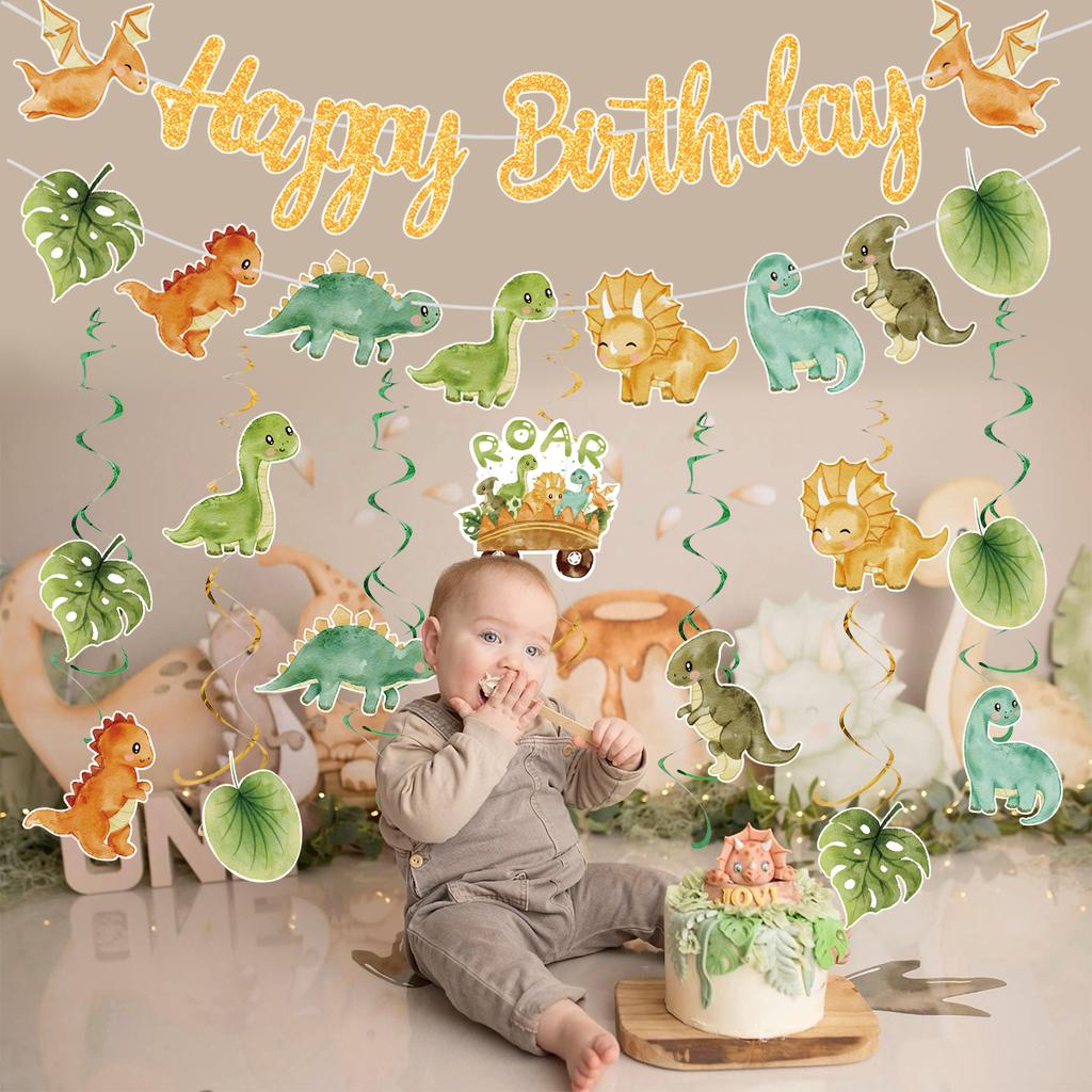 Roar Dinosaur Banner Spiral Set Happy 1st Birthday Party Decor Kid Boy Favors Gift Jurassic World Jungle Safari Hanging Pendant