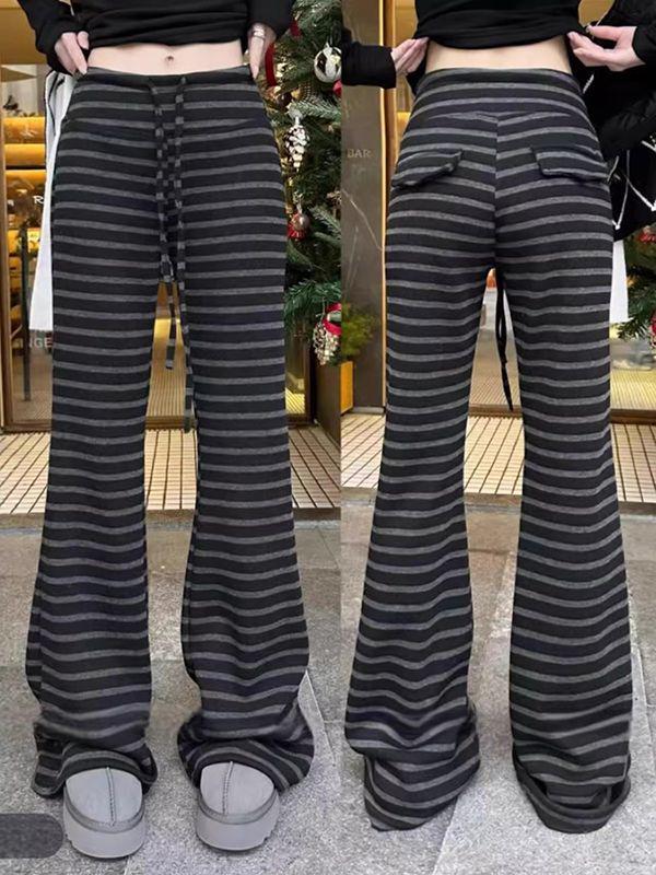 Hohe Taille, schmal geschnittene, schwarz gestreifte Micro-Flare Wide-Leg Jogginghose für Damen - Herbst/Winter Koreanischer Stil