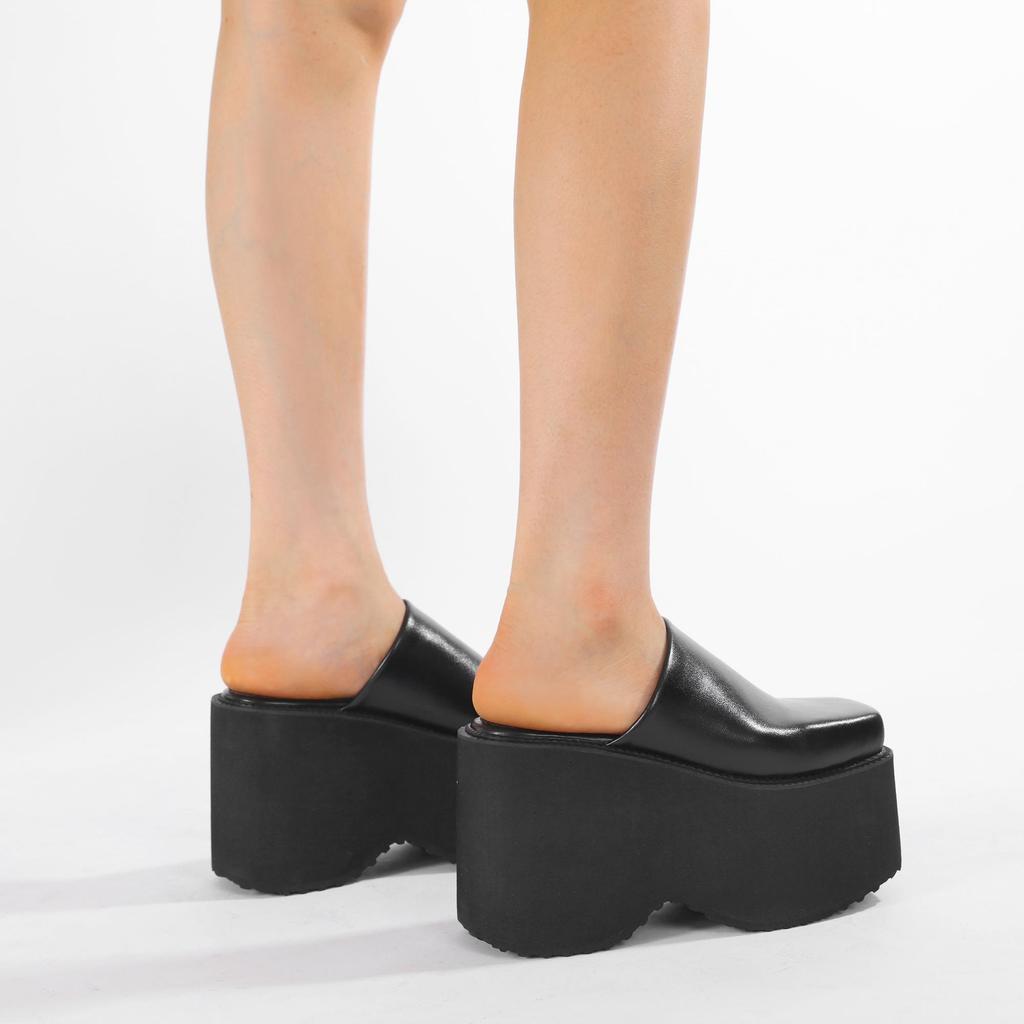 Gdgydh Fashion Square Toe Platform Mules Black PU Slip-On Loafers Thick Heels Comfortable Summer Footwear for Women Slippers