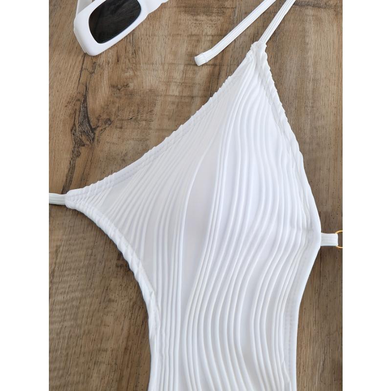 Ribbed Knit Halter Cutout One Piece Swimsuit Tie Side High Cut Bathing SuitSolid Color