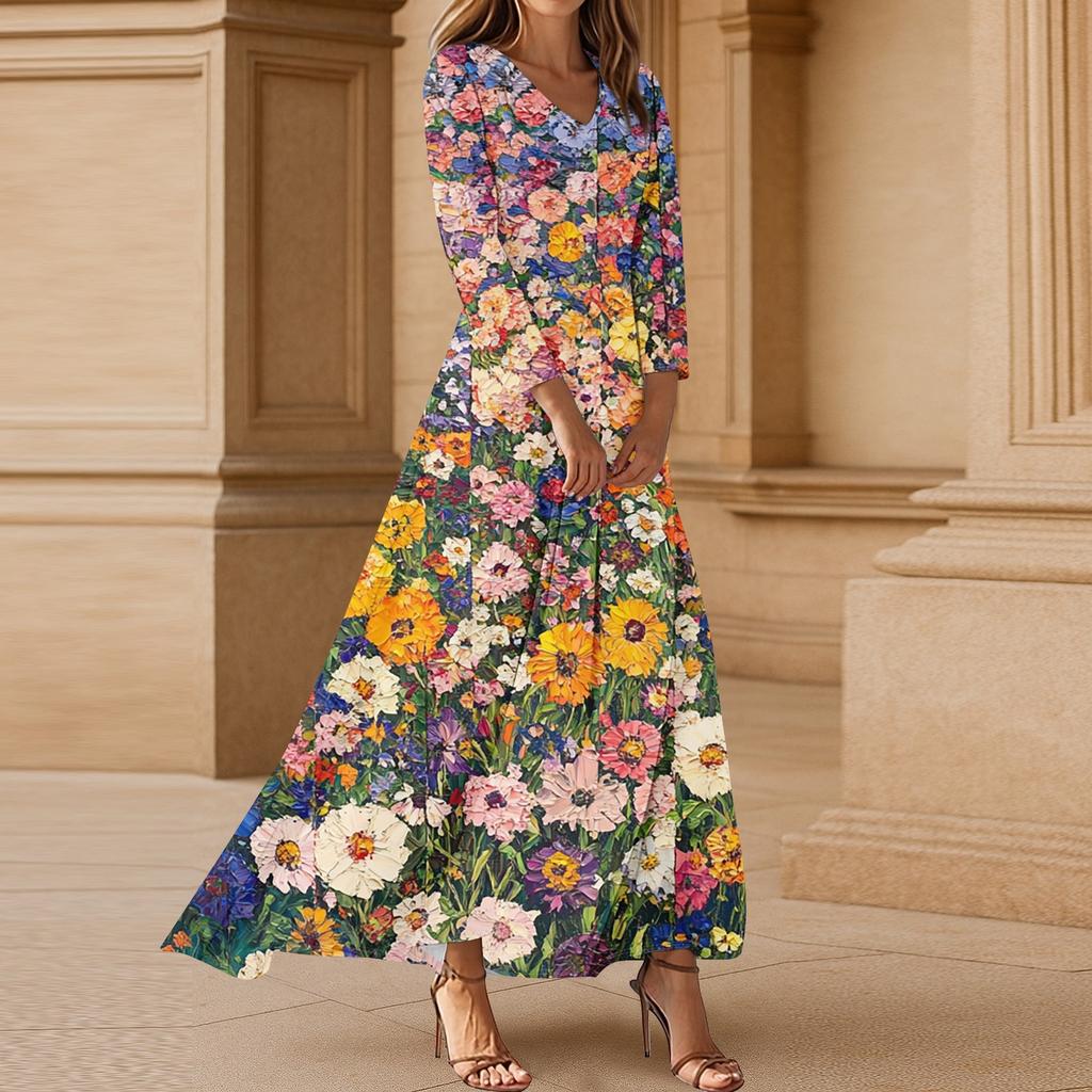 Damen Casual 3/4-Ärmel V-Ausschnitt Blumenmuster Maxi A-Linien Strandkleid