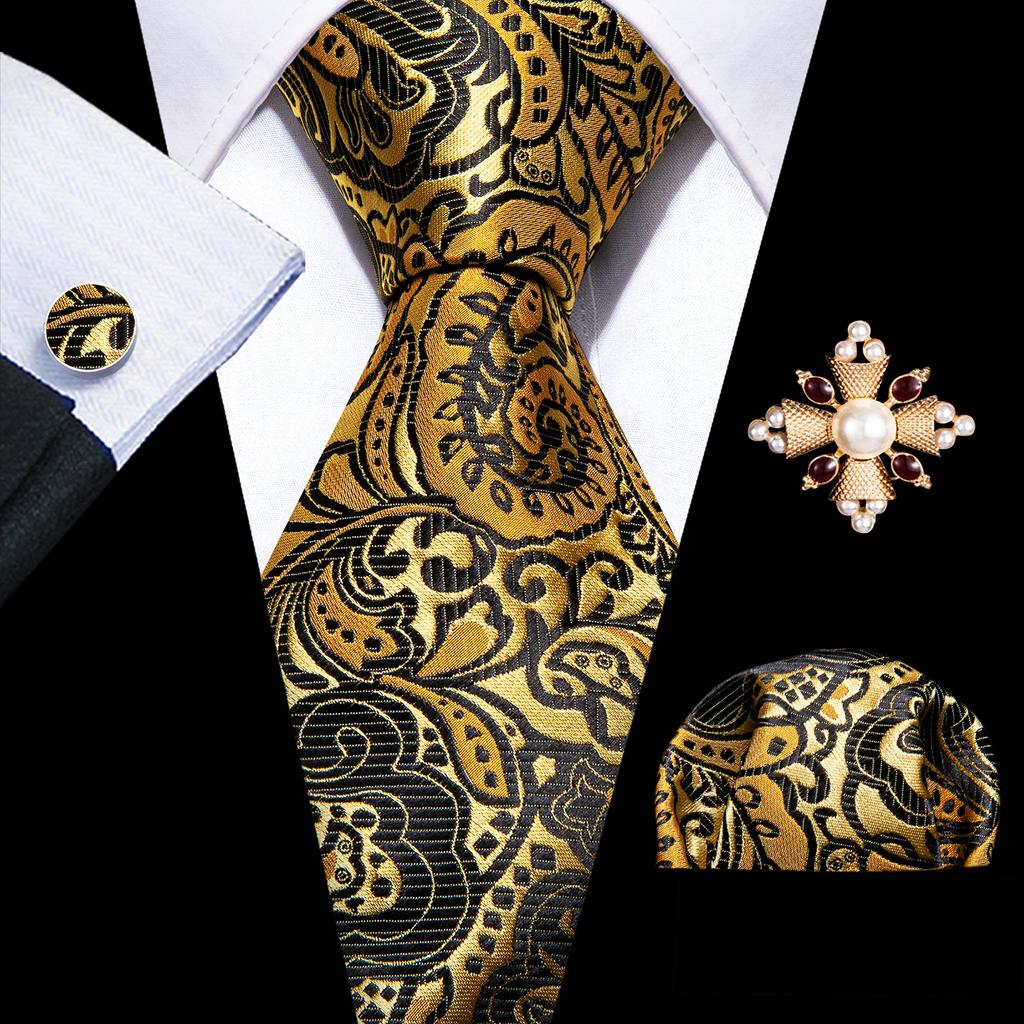 Barry.Wang Pearl sagė su kaklaraiščiu vyrams Paisley gėlių šilko kaklaraištis Hanky rankogalių sąsagų rinkinys