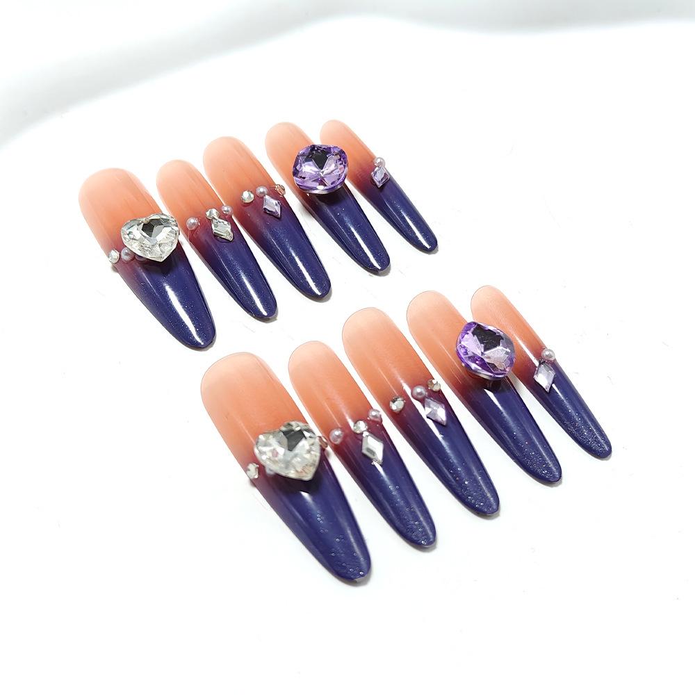 Purple Gradient Cat Eye Heart French Long Nail Tips Medium