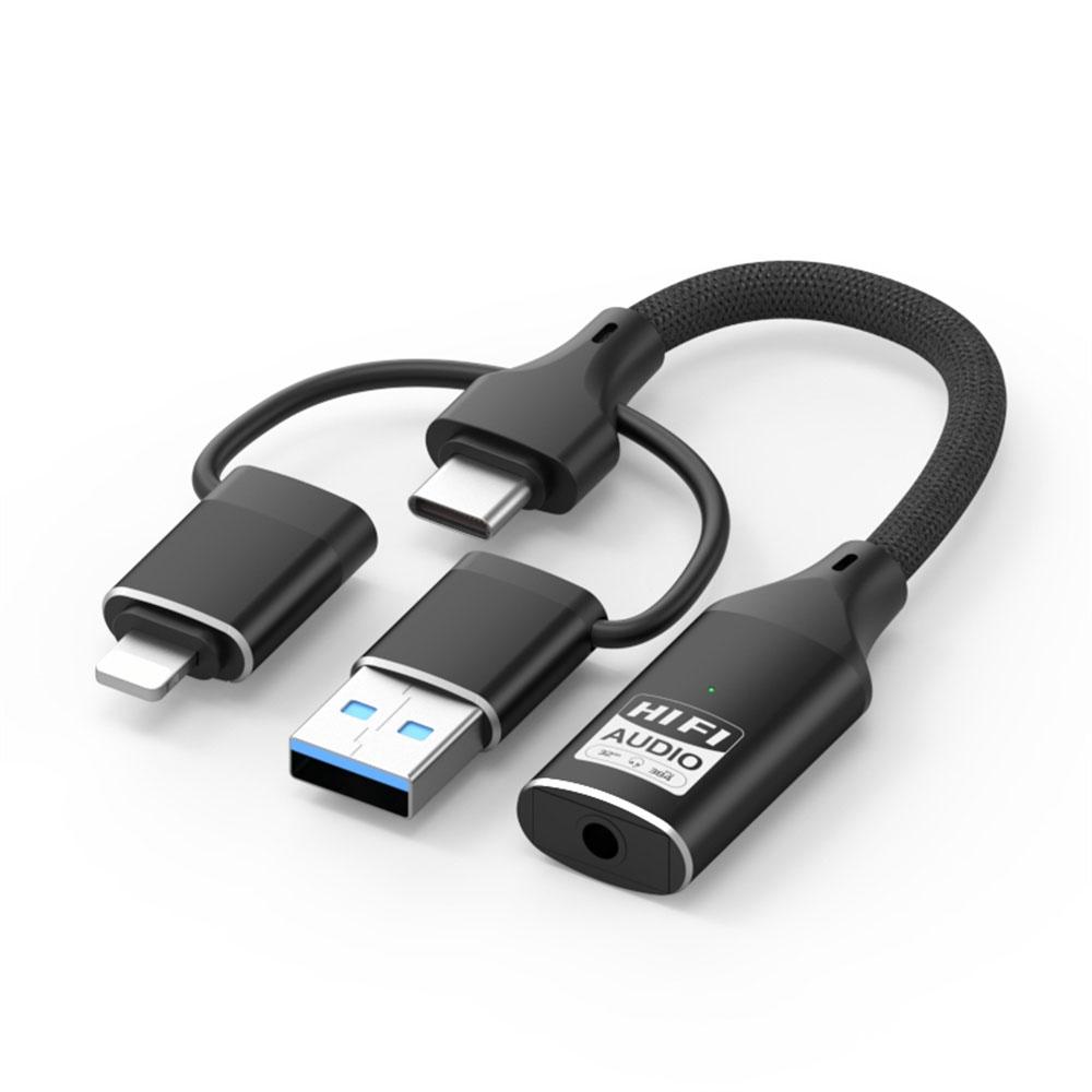 3 In 1 iP/USB/Type C to 3.5mm HiFi External Sound Card Compatible with Android Windows MAC for Live Streaming Karaoke
