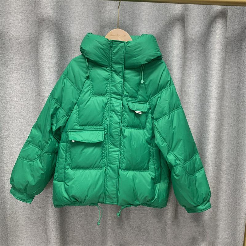 Zima Podzim Ženy Volný Polstrovaný Zip Jednobarevné Módní Bunda S Kapucí Límec Vše Odpovídající Teplý Bílý Kabát