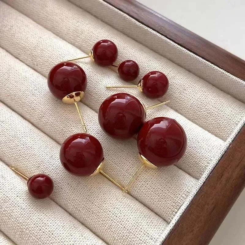 Korean Red Pearl Stud Round Earrings for Women Vintage Sweet Imitation Pearl Temperament Earings Wedding Party Jewelry Gifts