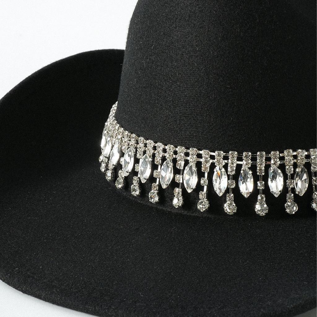 Hot-selling wide metal double-row rhinestones hand-sewn crystal pendant fringed chain top hat western cowboy hat felt hat