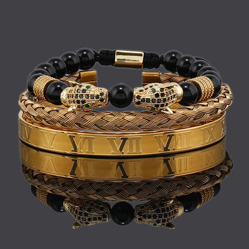Luxury Black Stone Beads Leopard Head Man Bracelet Enamel Stainless Steel Roman Bangles Women Jewelry 3 pieces make a set