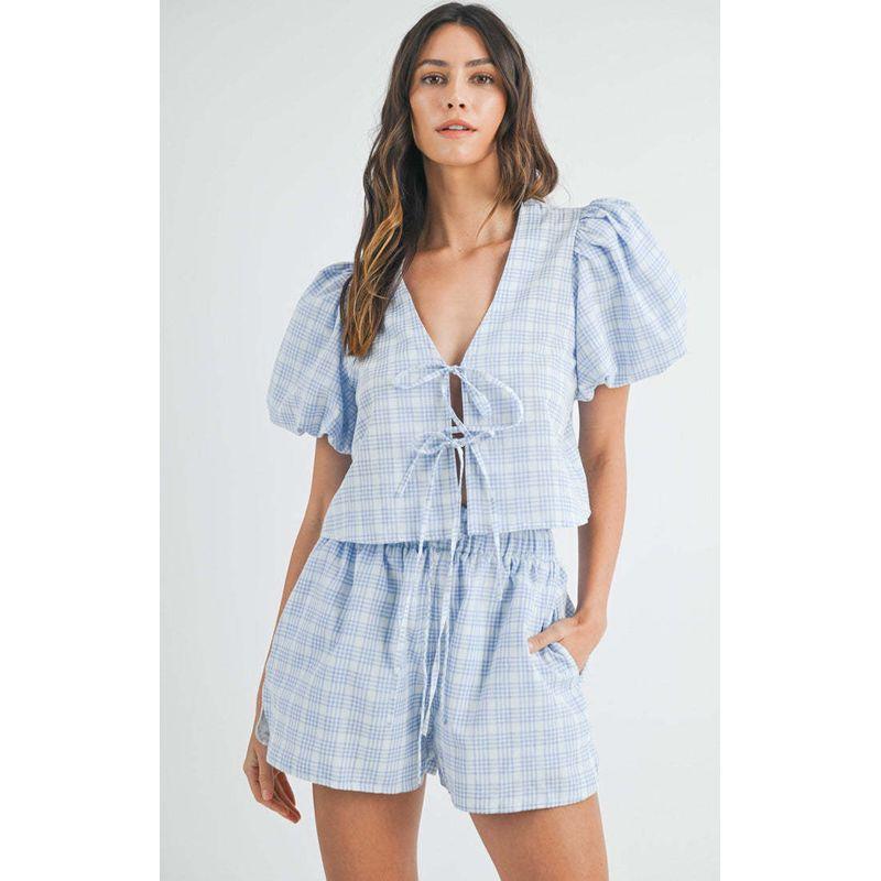 

Women s Clothing Fashion Elegant V-neck Lace-up Bows Puff Sleeve Top Casual Shorts Gingham Two-piece Set Light Blue M